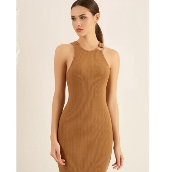 NWT Francesca's Womens Medium Beige Tank Dress Sleeveless Ribbed Knit Midi - Picture 1 of 14